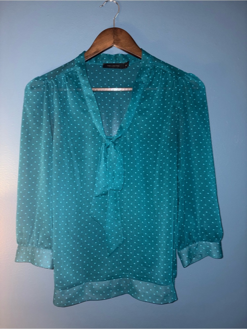The Limited Teal Polka Dot Tie Neck Blouse XS | Sheer 3/4 Sleeve - Picture 2 of 8
